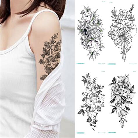 Temporary Tattoo Sticker Music Note Flower Roses Peony Sketches Tattoo