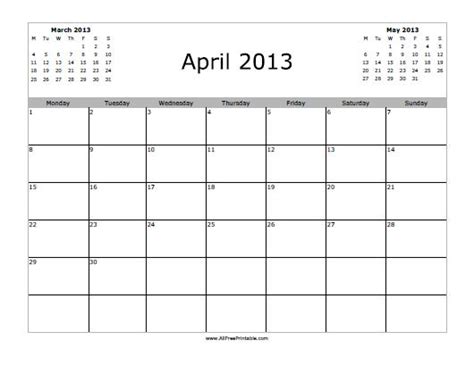 april 2013 calendar free printable