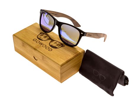 walnut wood wayfarer sunglasses with blue mirrored lenses go wood