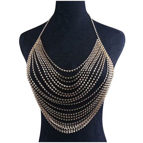 Women Shiny Rhinestone Multilayer Tassel Bra Bikini Necklace Gold In