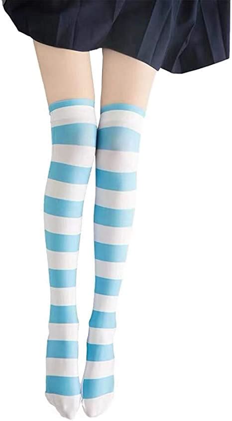 Japanese Style Stripe Over Knee Socks Anime Cosplay Blue White Velvet