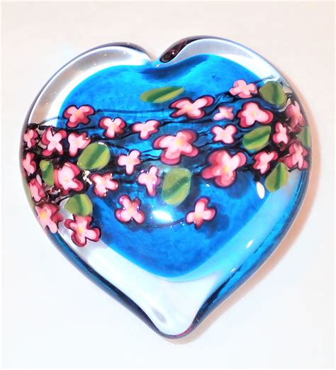Shawn Messenger Cherry Blossom Blue Heart Paperweight
