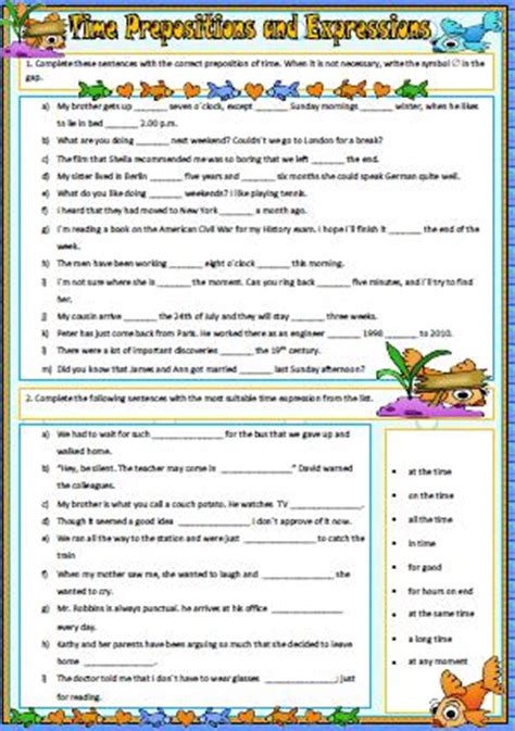 time prepositions  time expressions worksheet