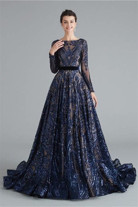 vintage ball gown navy blue lace prom evening dress boat neck long sleeves   lace