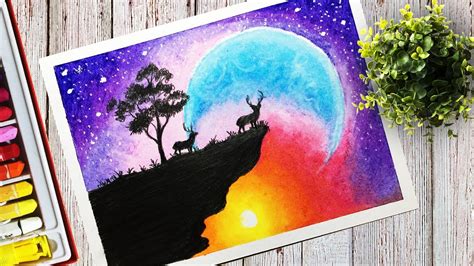 drawing  beautiful colorful sky scenery  oil pastel  step