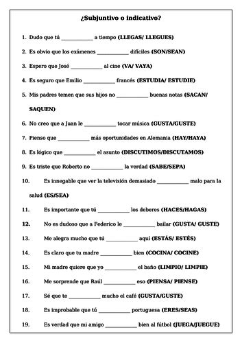 spanish grammar practice subjunctive  indicative teaching resources