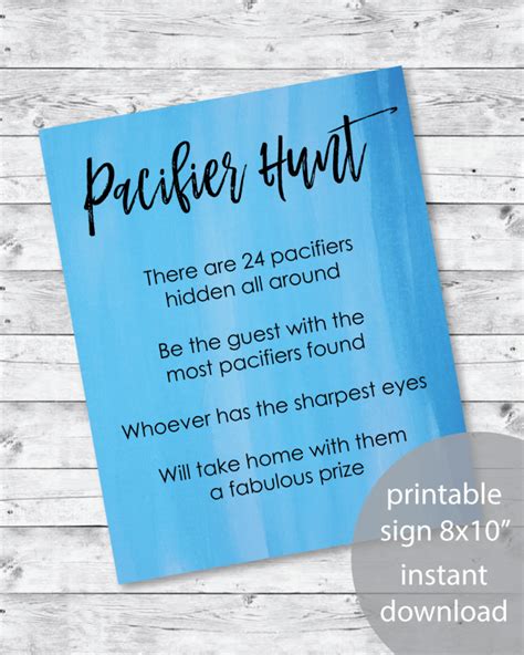 printable pacifier hunt baby shower game sign blue watercolor baby