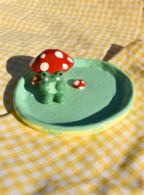 frog clay dish mushroom jewelry tray painted ceramic plate etsy