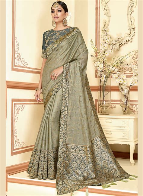 shop  embroidered grey silk classic designer saree