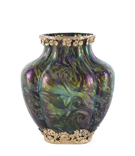 Loetz Bohemian Art Nouveau Iridescent Art Glass Vase With Silver Mounts