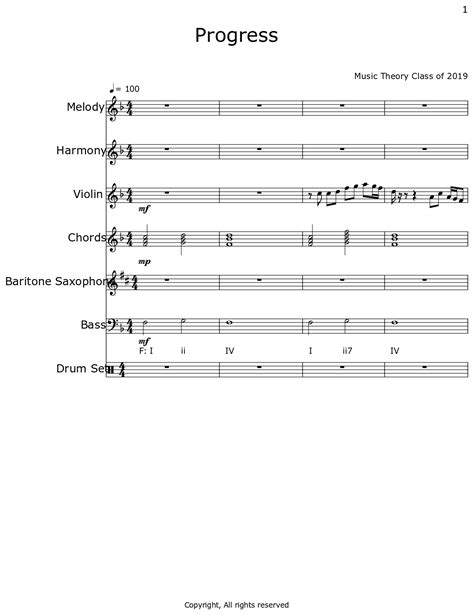 progress sheet music for piano violin baritone saxophone drum set