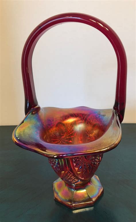 Vintage Fenton Red Carnival Glass Basket Fenton Iridescent Etsy