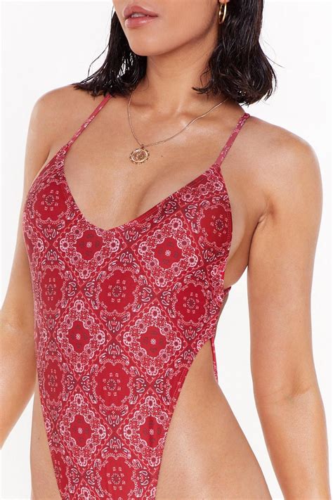 Red Paisley Extreme High Leg Cross Backn Swimsuit Nasty Gal