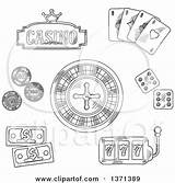 Roulette Wheel Casino Slot Machine Cards Gambling Vector Playing Clipart Dice Sketched Illustration Bills Chips Dollar Royalty Triple Seven Crown sketch template