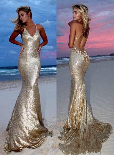 Sexy Gold V Neck Sequins Prom Dresses 2020 Mermaid Backless Evening