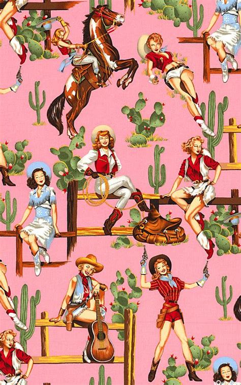 alexander henry pinup cowgirls pink this retro large scale print