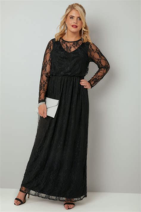 Black Lace Long Sleeve Maxi Dress With Elasticated Waist