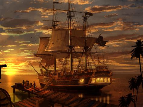 pirate ships sunset reflection fantasy art pictures