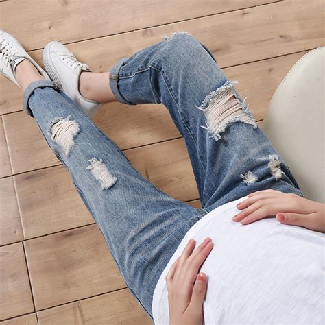 buy maternity pregnant pants spring and summer thin hole jeans 2021