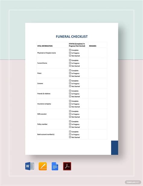 funeral checklist template  word pages  google docs