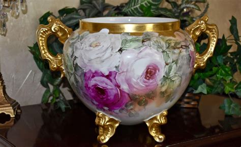 limoges huge amazing jardiniere enormous pink red white  apricot roses  gold encrusted