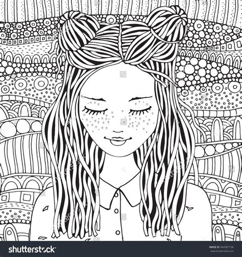 cute girl coloring book page  adult  children black  white