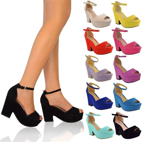 Ladies Womens High Mid Heel Platform Flatform Ankle Strap Wedge Shoe
