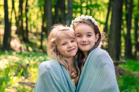 Lovely Girls Together In Forest Stock Image Image Of Cute Happy