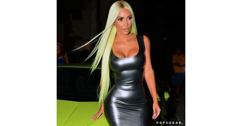 kim kardashian green wig and latex dress in miami 2018 popsugar fashion photo 3