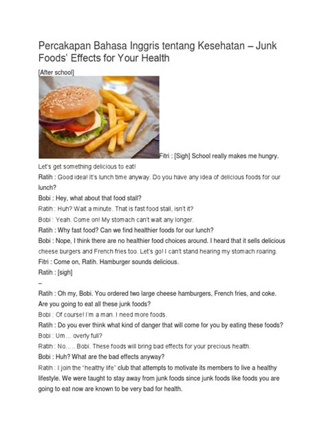 percakapan bahasa inggris tentang kesehatan junk food nutrition