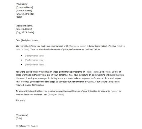 employee termination letter termination letter template