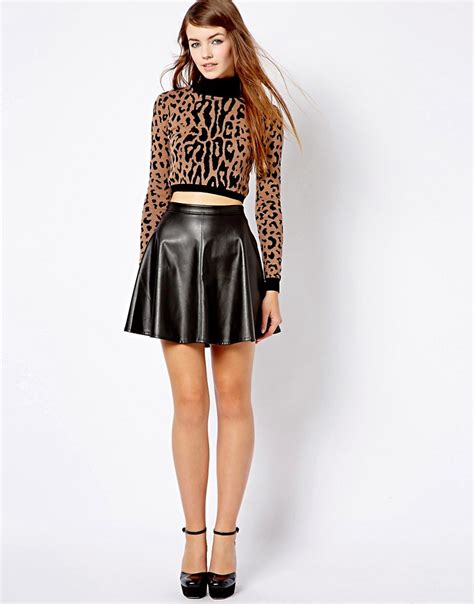 New Look New Look Leather Look Skater Skirt At Asos