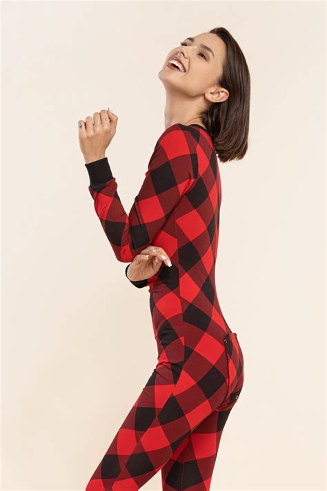 sexy pyjama jumpsuit with butt flap ladies sleepsuit onezee black red