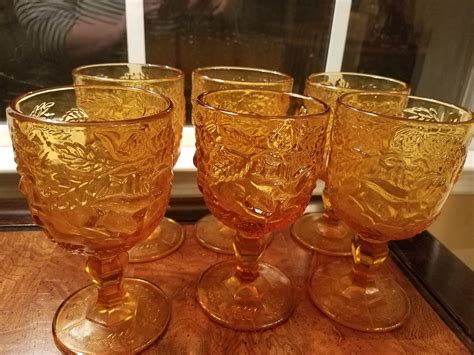 Set Of 6 Large Amber Glass Goblets Heavy Vintage Glass Goblets 70s Glasses