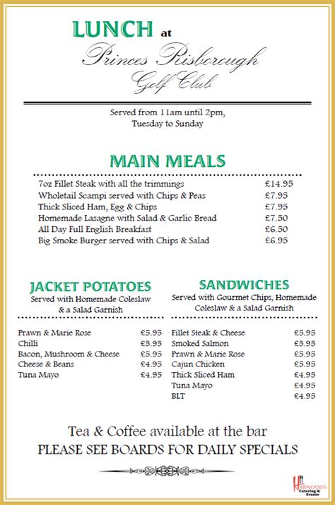 lunchtime menu princes risborough golf club