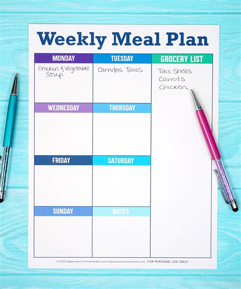 printable weekly meal planner template happiness  homemade