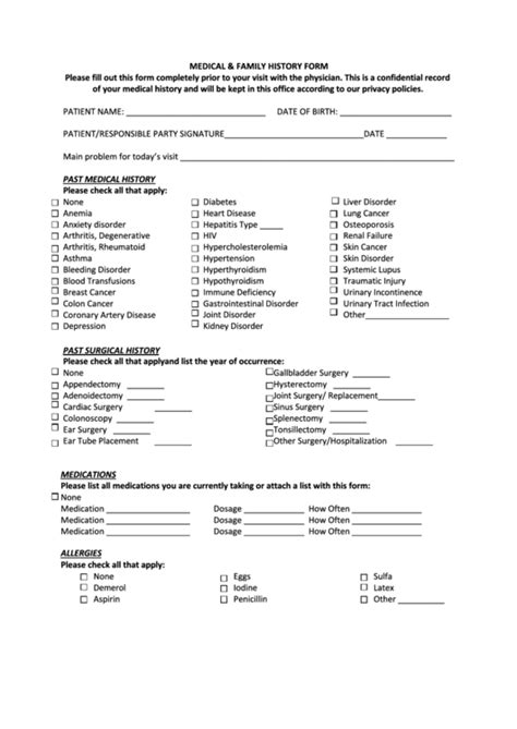 fillable medical  family history form printable