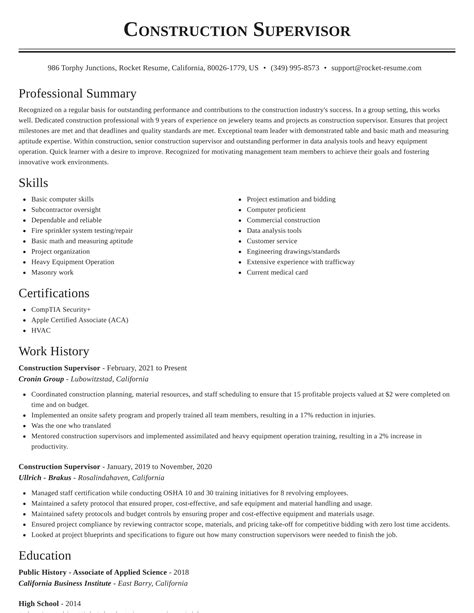 Construction Supervisor Resume Download And Samples Rocket Resume