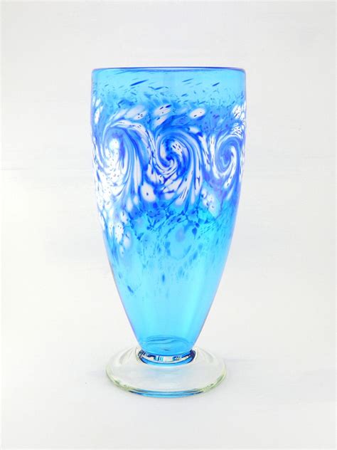 Hand Blown Art Glass Vase White Ocean Waves On Aqua Blue Etsy Art