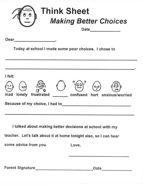 sheet therapy worksheets behavior reflection