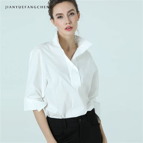 women cotton white blouse polo shirt stand collar nine quarter sleeve