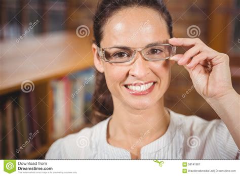 Smiling Woman Adjusting Her Glasses Stock Image Image Of Smiling