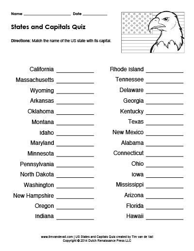 printable  states  capitals quiz practice test  states