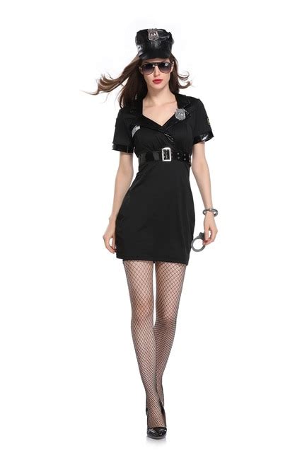 Halloween Policewoman Costumes Adult Ladies Short Sleeve Black Female