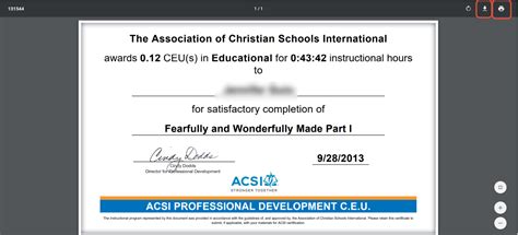 print completed ceu certificate association  christian schools