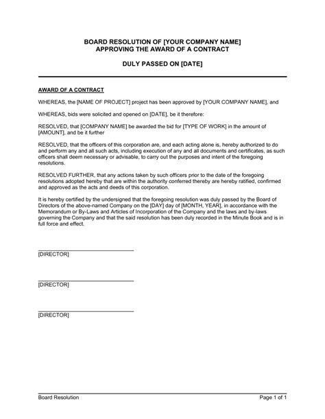 board resolution approving  award   contract template