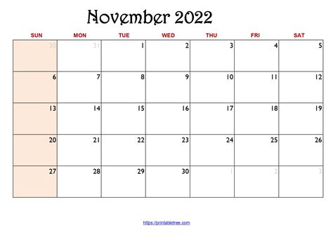 november  calendar printable  template  holidays