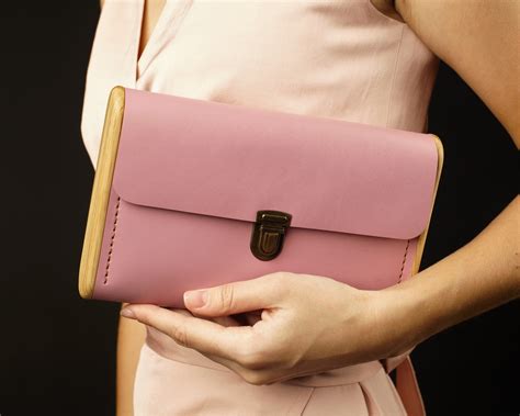 pink clutch bag   hand  genuine leather  wood etsy