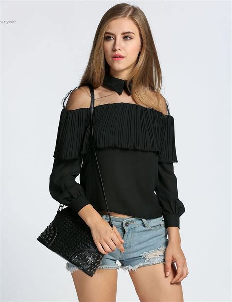2017 Designer Womens Tops Sexy Sheer Mesh Patchwork Pleated Ruffle Long