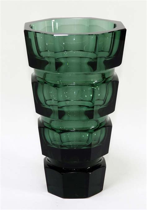 Czech Bohemian Moser Faceted Green Glass Vase